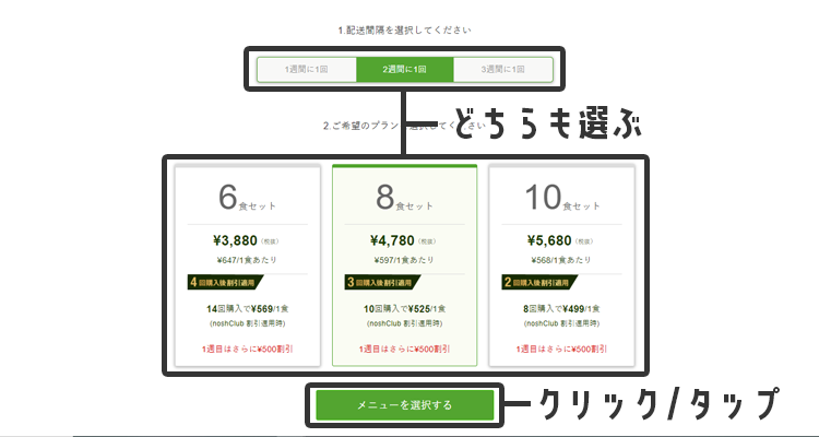 まずは配送間隔とセット数を選ぶ