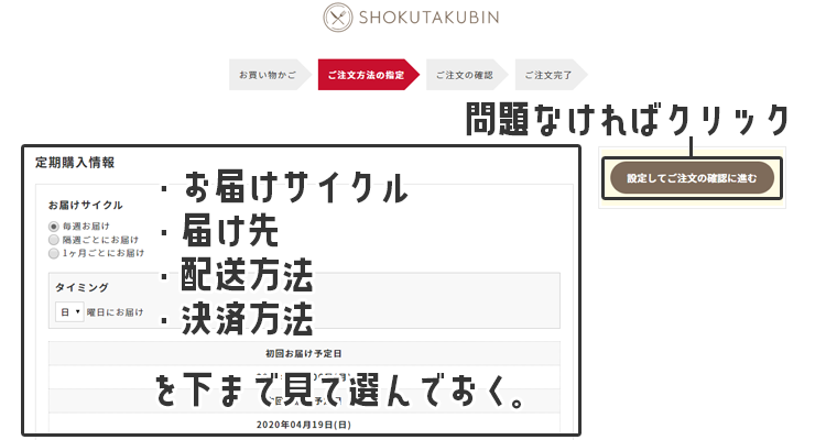 お届けサイクル・届け先・配送方法・決済方法を選んでから「設定してご注文の確認に進む」をクリック